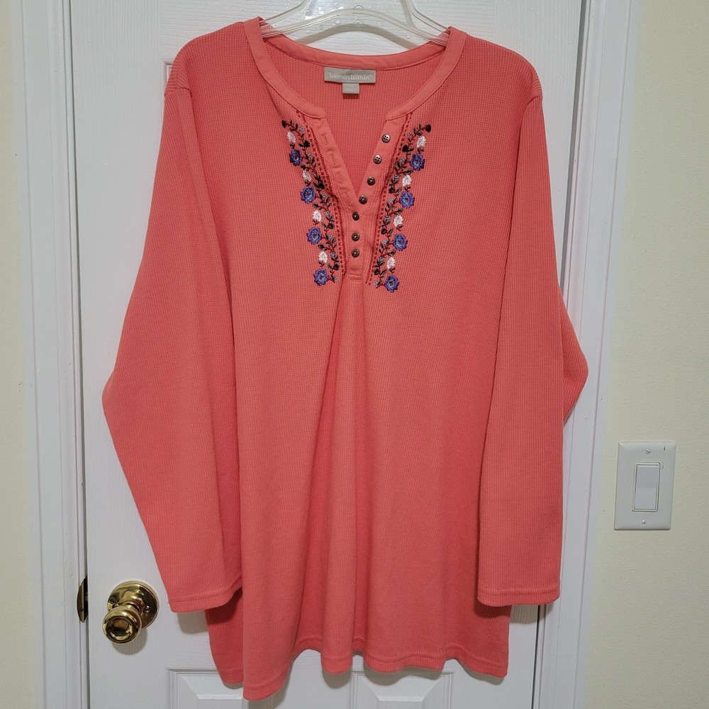 Woman Within Coral Pink Floral Embroidered Waffle Knit Henley Top 2X‎ 26/28